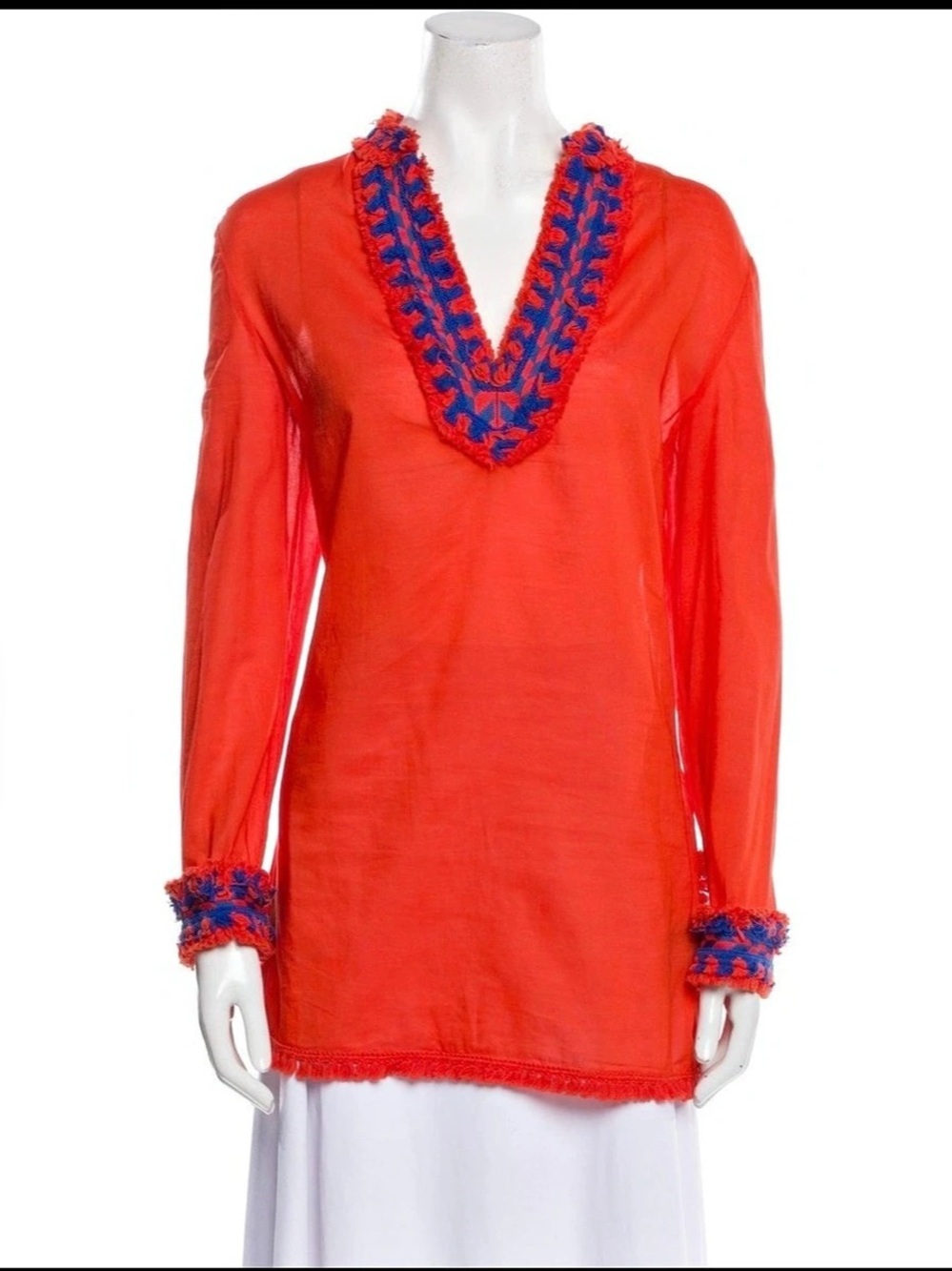 Tory Burch Samba Fringe Trim Tunic Orange Blue Size 2